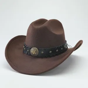 Brown wool felt western cowboy hat detail shot featuring black studded leather band and star buckle.