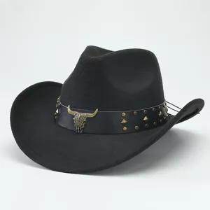 Chapeau de cowboy occidental en feutre de laine vintage avec ceinture en cuir tête de taureau