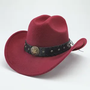 Close-up detail of burgundy wool felt cowboy hat with black leather band and star concho.