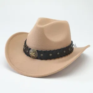 Cappello da Cowboy Occidentale Americano a Tesa Curva Fedora a Tesa Larga Cappello di Feltro Jazz Con Cintura di Pelle Stella Di Metallo