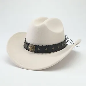 Exquisite wool felt cowboy hat detail, classic black leather band with vintage metal star decor.