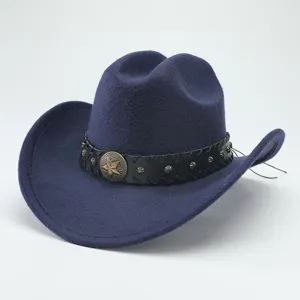 Detail shot of dark blue felt western cowboy hat with leather band and metal star concho.