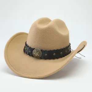 Detail view of the western cowboy hat featuring wool felt fabric, black band, and star.