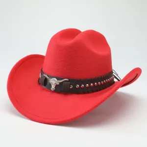 Cappello da cowboy in feltro di lana rosso tesa larga retro fedora jazz uomo donna inverno