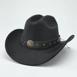 Black wool felt western cowboy hat with studded leather band and star emblem detail.
