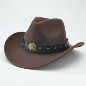 Classico cappello da cowboy in feltro marrone con fascia in pelle nera e stella per adulti