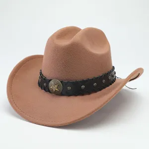 Vintage wool felt western cowboy hat with studded leather band and star metal buckle.