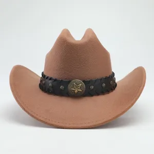 Brown wool felt cowboy hat with black leather band and metal star badge for men and women