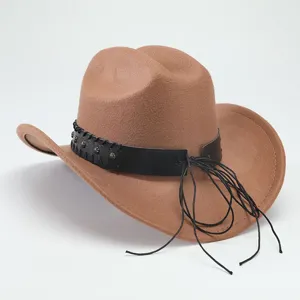 Brown wool felt western cowboy hat featuring a black leather band and metal cross studs.