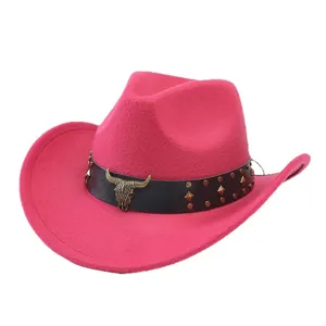 Chapeau de cowboy occidental rose feutre Fedora jazz chapeau tête de taureau rivet
