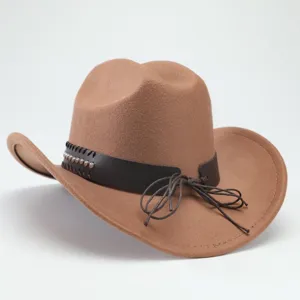 Cappello da cowboy western in feltro di lana marrone con fascia in pelle e tesa larga.