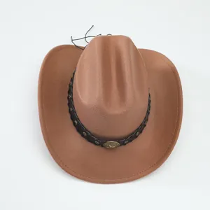 Classic brown wool felt western cowboy hat with wide brim, vintage jazz hat style for women.
