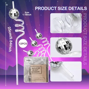 Close-up details of disco ball curly drinking straws, showing length and spiral structure.