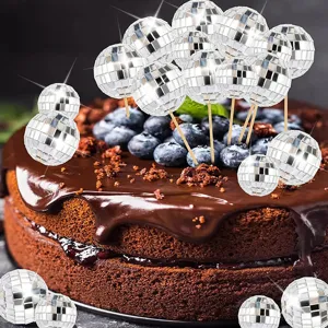 Disco ball cake toppers mirror balls silver disco decorations for birthday party cake decor 24pcs