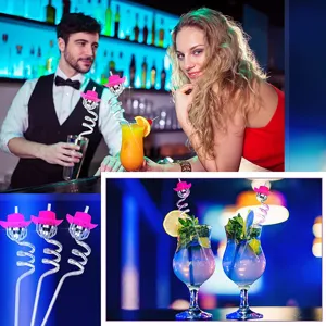 Disco ball party straws with pink cowgirl hat detail shot showing fun bar scene and drinks