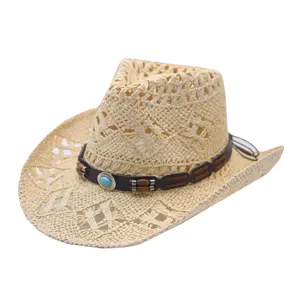 Woven straw cowboy hat with turquoise bead leather band for beach sun protection summer.