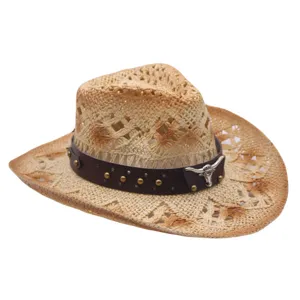 Detailed view of the woven straw cowboy hat with leather strap, metal studs and bull skull.