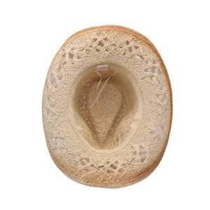 Detailed top view shot of a hollow woven straw beach sun hat featuring a stylish gradient rim.
