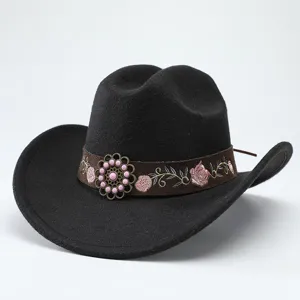 Schwarzer Filz Western Cowboy Hut für Damen und Herren mit Stickerei Band und rosa Perlen Blume.