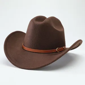 Cappello da cowboy in feltro marrone con cinturino in pelle e fibbia, elegante cappello jazz.
