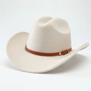 Cappello fedora in feltro di lana classico con cintura in pelle PU marrone e fibbia in metallo.
