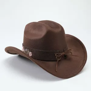 Brauner Western-Cowboyhut Detail, ethnische Blumenstickerei Band und seitliche Schleife.