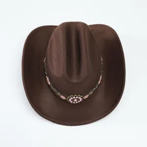 Brauner Western Cowboy Hut Detail, breite Krempe Jazz Fedora mit vintage Blumenstickerei.
