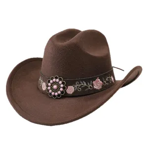 Western Cowboy Hut für Damen Herren Breiter Krempe Jazz Fedora mit Stickerei Perlen