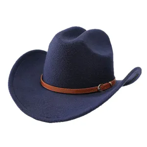 Cappello da cowboy occidentale in lana blu con cintura in pelle marrone per uomo e donna