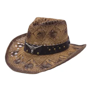 Straw cowboy hat for men and women, summer beach sun protection sunshade hat with bull skull.
