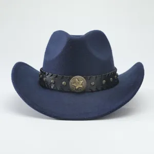 Classico cappello da cowboy western in feltro blu navy con fascia in pelle borchiata e stella