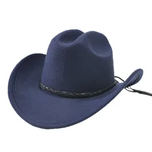 Classico cappello da cowboy western in feltro di lana blu navy con elegante fascia e sottogola.