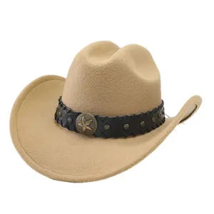 Classic western wool cowboy hat with leather band and metal star, wide brim stylish cap.
