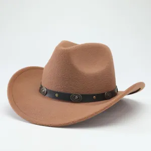 Classic Western Cowboy Hat Fashion Roll Brim Jazz Fedora Hat Polyester Solid Color Sunshade Warm Hat Belt Chain Decor For Travel Outdoor Adult Unisex