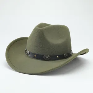 Detail view of the olive green felt cowboy hat featuring a black leather band and metal studs.