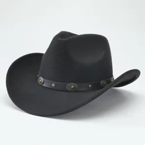 Black western cowboy hat with leather strap and metal studs, classic rolled brim fedora design.