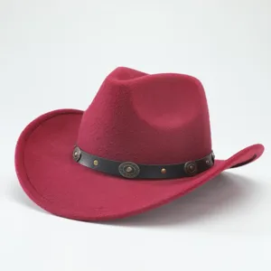 Detail shot of a stylish wine red western cowboy hat with black leather strap and metal stud trim.