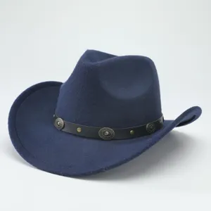 Close-up detail of the dark blue western cowboy hat featuring a black studded leather band.