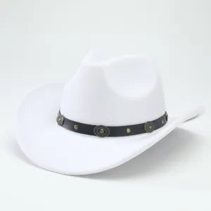 Detailed view of the stylish white western cowboy hat with a black studded leather band.