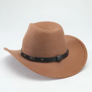Classic western cowboy hat for women men autumn winter felt fedora brown jazz hat with band