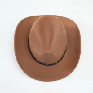 Brown wool western cowboy hat with studded black band for autumn winter daily sun protection.