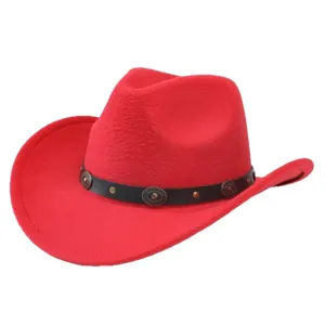 Red felt western cowboy hat with studded leather band stylish jazz fedora for winter