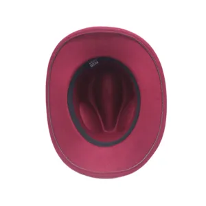 Detailed top view of a burgundy felt western cowboy fedora hat with inner sweatband.