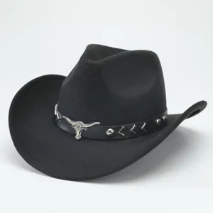 Chapeau de cowboy western noir avec accessoire tete de taureau, fedora en feutre unisexe.