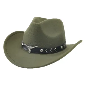 Chapeau de cowboy western vert pour homme et femme, chapeau en feutre avec tête de taureau