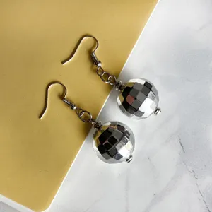 Silver disco ball earrings, retro 70s style mirror spherical drop earrings for women daily wear.