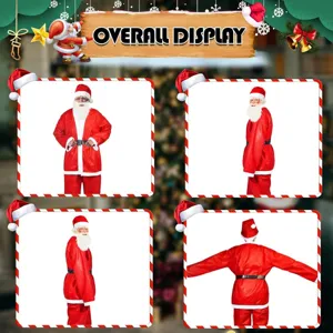 Gedetailleerd overzicht van het rode fluwelen kerstman-kostuumset met jas, broek en muts.