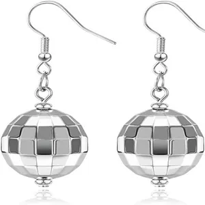 Silver disco ball earrings retro 70s style mirror spherical drop earrings for party jewelry