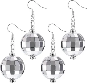 Stunning silver disco ball earrings for women, vintage 70s style mirror ball dangle jewelry.