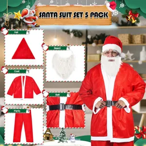 Kerstman kostuum 5-delige set met muts jas broek baard riem voor feestelijke dagen.